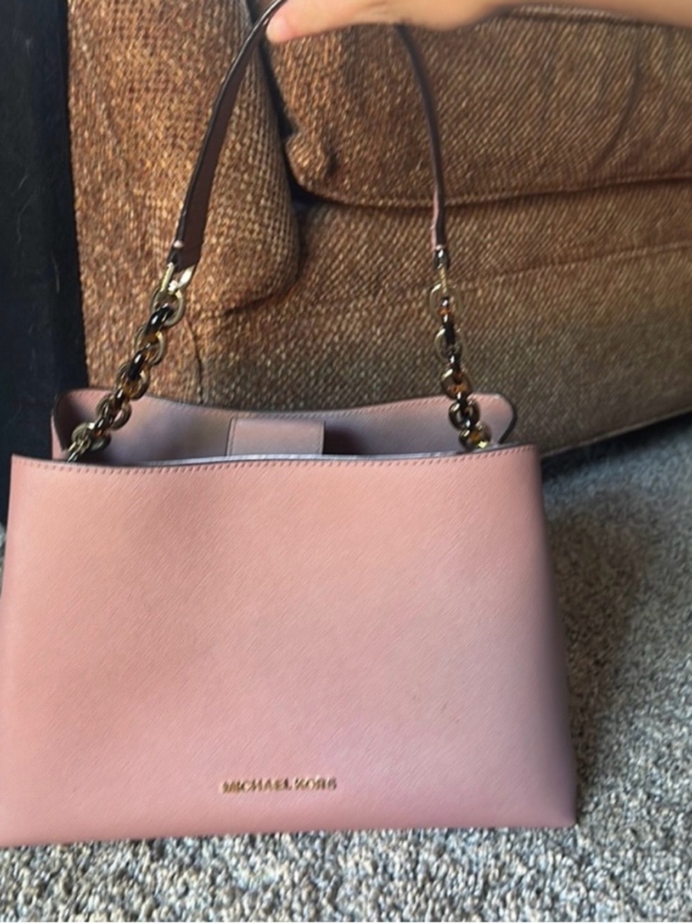 Michael Kors Blush Pink Leather Shoulder Tote with Chain-Link Strap